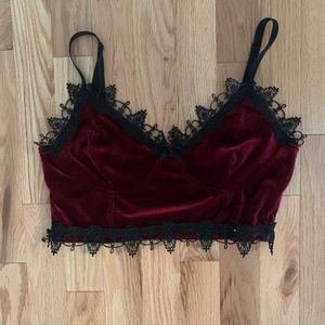 Red and Black Faux Velvet Lace-Edged Strappy Crop Top